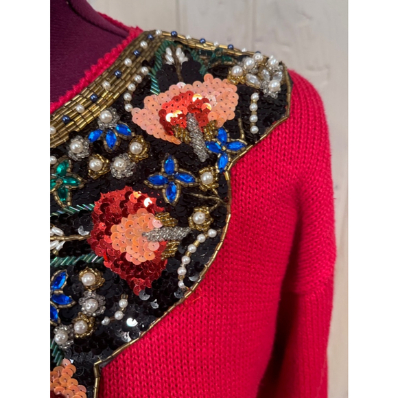 Victoria Harbour Red Beaded Sequin Sweater Large - Picture 6 of 16